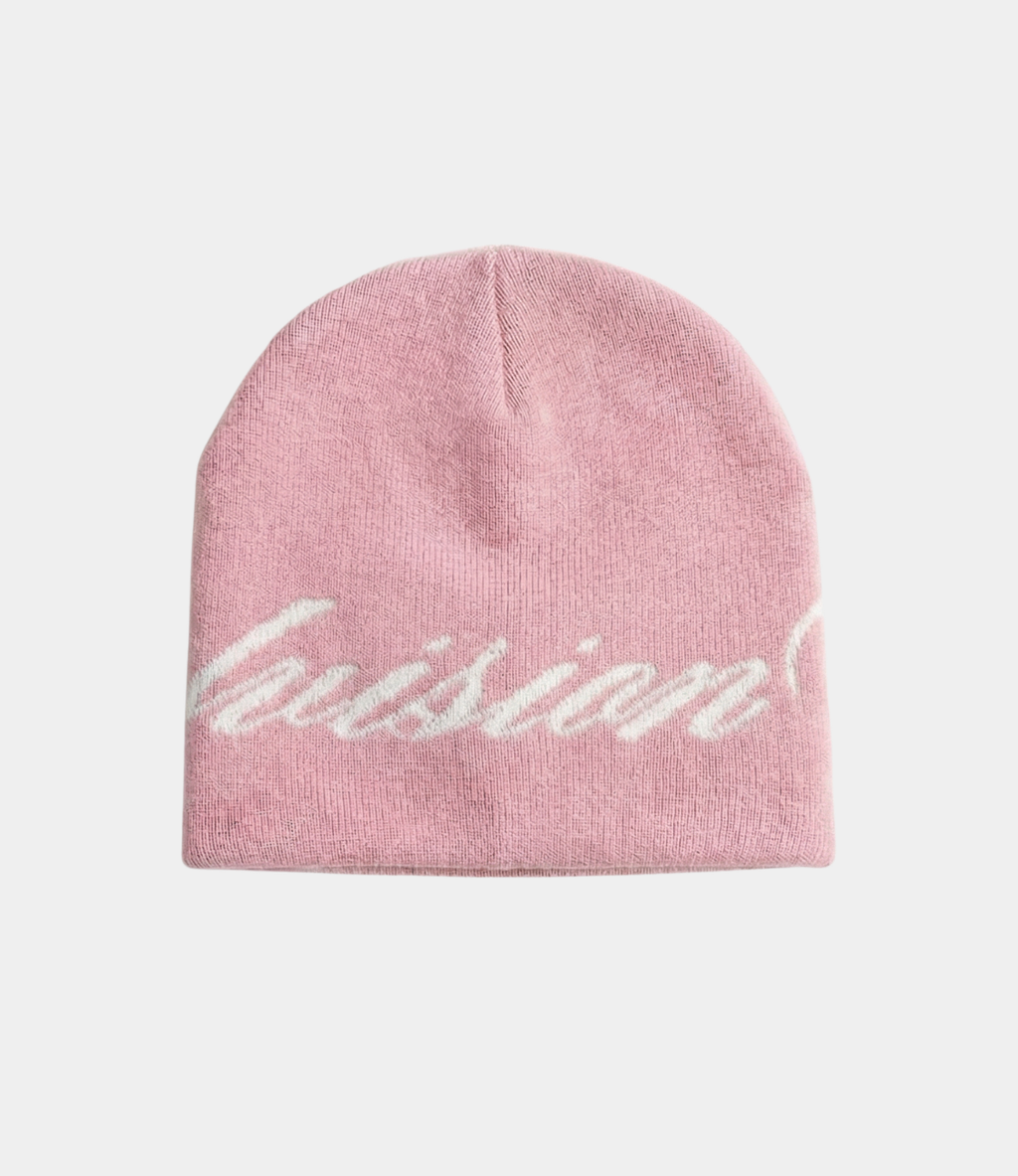 back view of a pink skully beanie with a chasedvision design, perfect for cold weather or to complete an outfit.