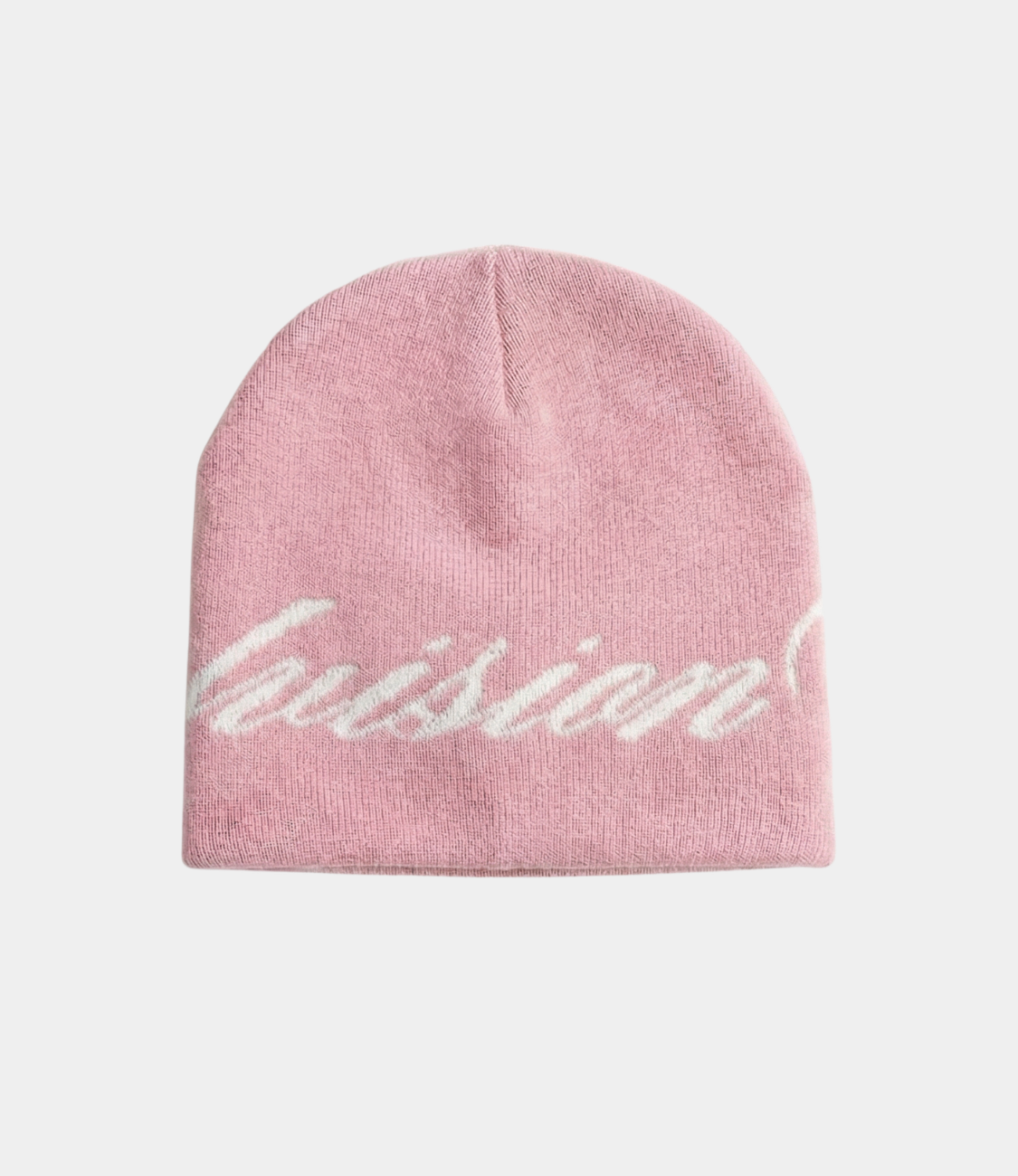 back view of a pink skully beanie with a chasedvision design, perfect for cold weather or to complete an outfit.