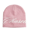 a pink skully beanie with a chasedvision design, perfect for cold weather or to complete an outfit.