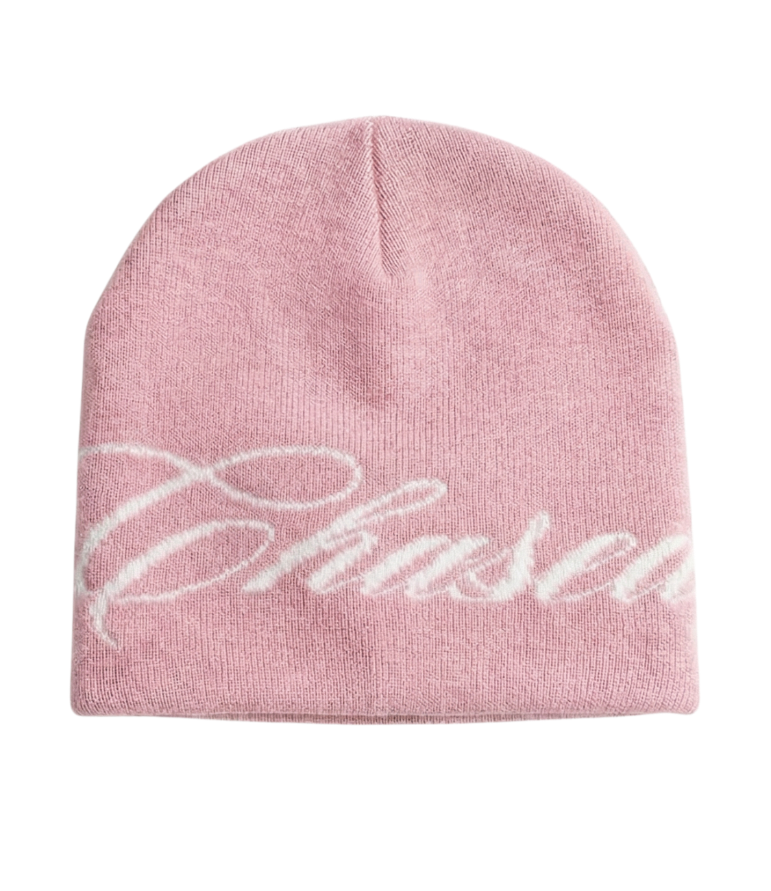 a pink skully beanie with a chasedvision design, perfect for cold weather or to complete an outfit.