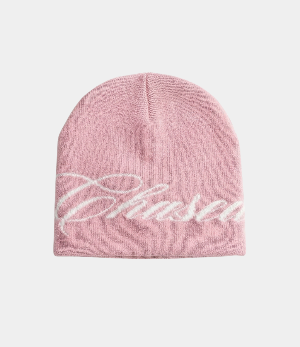 a pink skully beanie with a chasedvision design, perfect for cold weather or to complete an outfit.