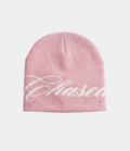a pink skully beanie with a chasedvision design, perfect for cold weather or to complete an outfit.