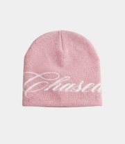 a pink skully beanie with a chasedvision design, perfect for cold weather or to complete an outfit.