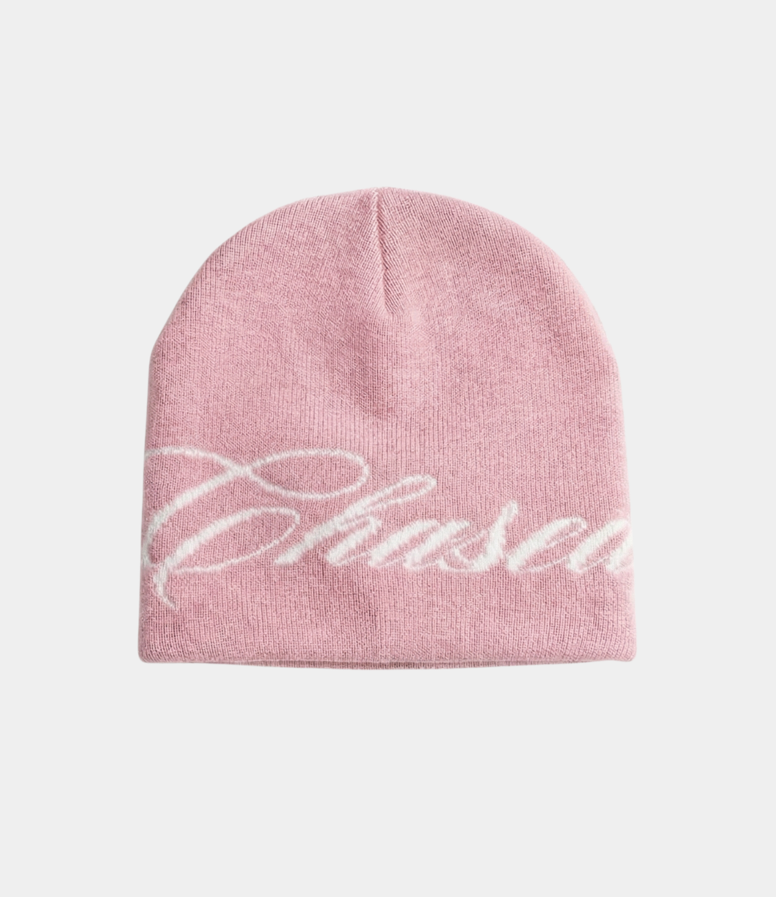 a pink skully beanie with a chasedvision design, perfect for cold weather or to complete an outfit.