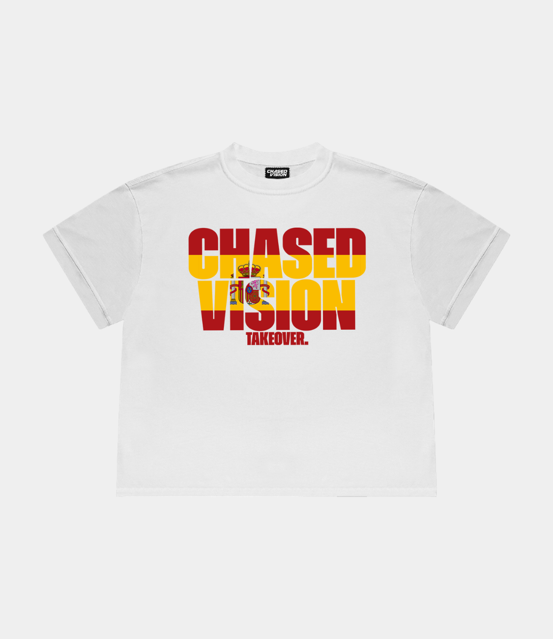 A white spain worldcup tee from chasedvision with a "chasedvision takeover." design