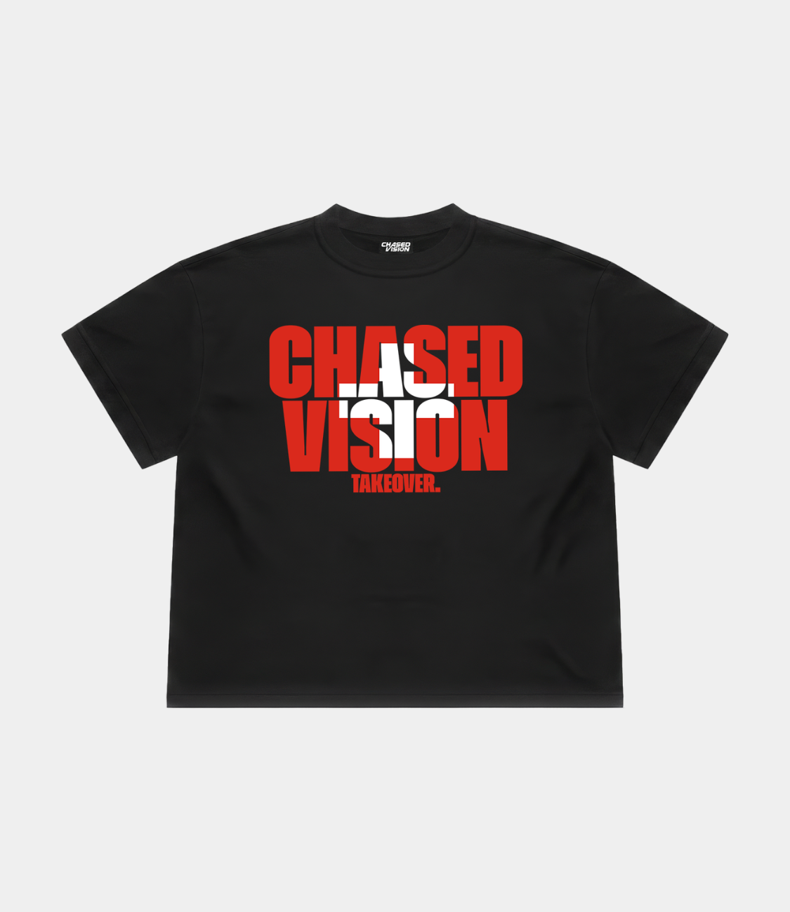 A black Switzerland worldcup tee from chasedvision with a "chasedvision takeover." design