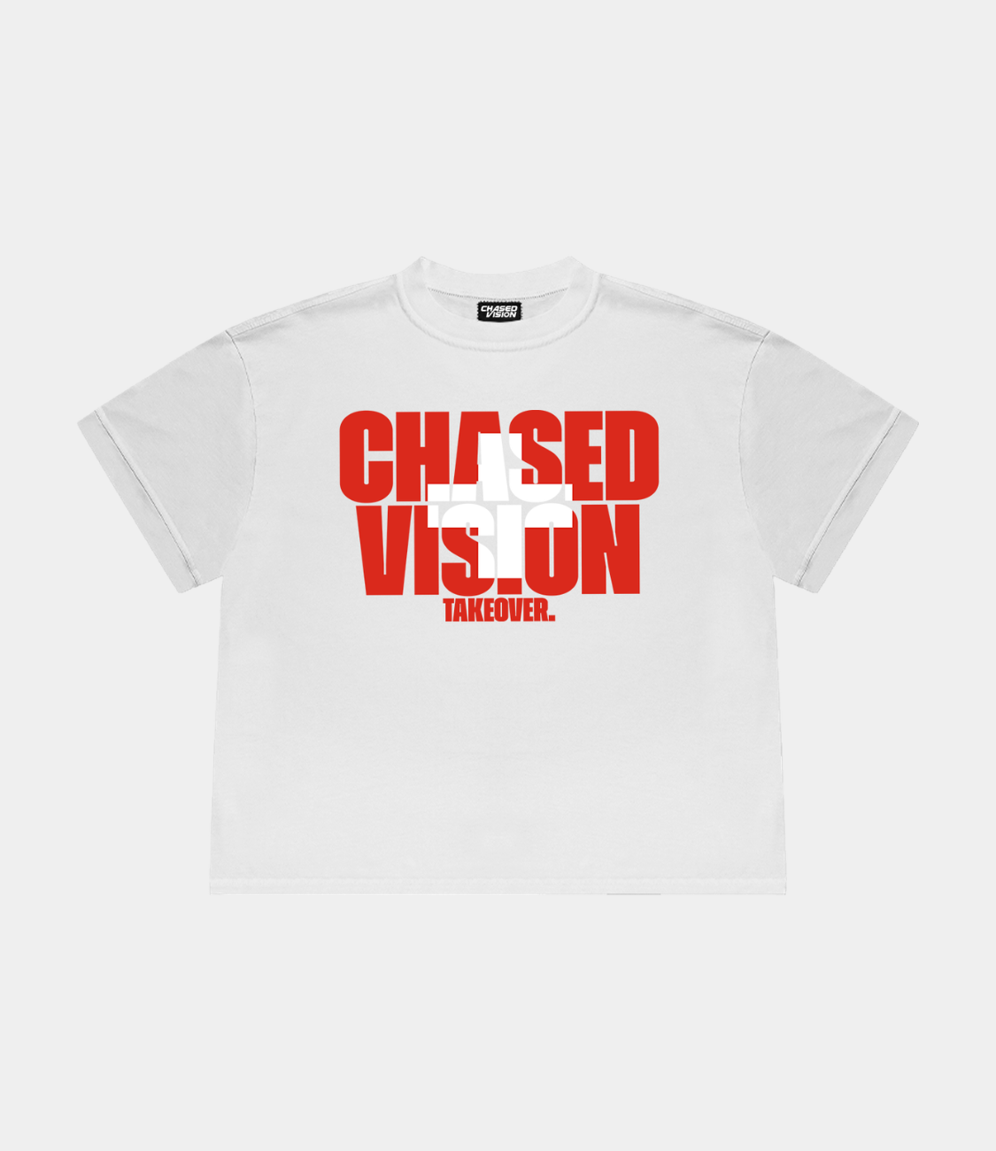 A white switzerland worldcup tee from chasedvision with a "chasedvision takeover." design