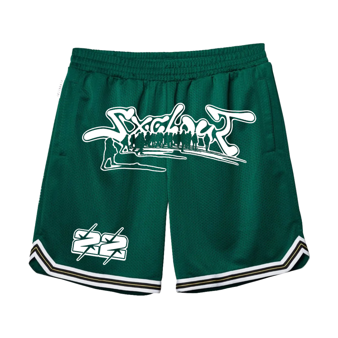 Green Basketball shorts with a design and a number at the bottom by chasedvision