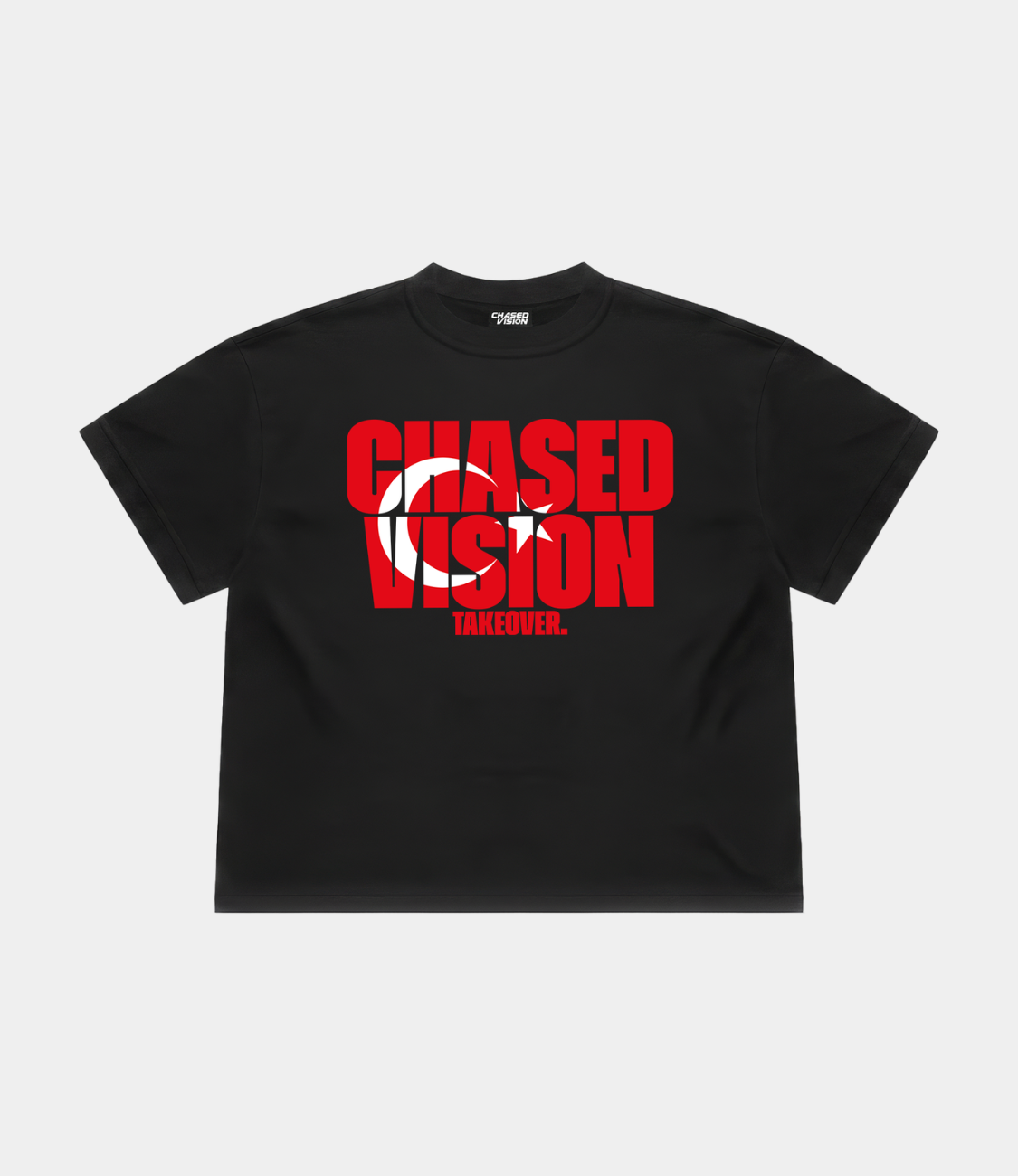 A black turkey worldcup tee from chasedvision with a "chasedvision takeover." design